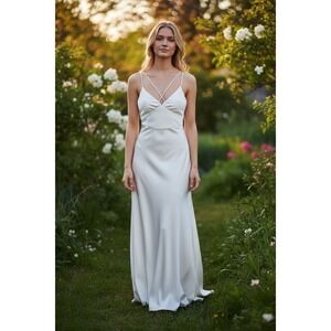 DIWIDI White Satin Slip Dress Lace Up Back Wedding Bridal Shower Minimalist M/L